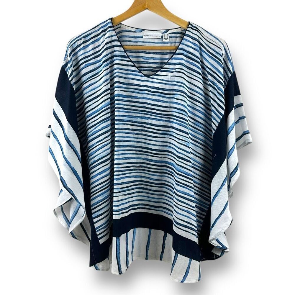 Susan‎ Graver Women's M Lightweight Poncho Blue Multi Stripe Boho Beach Coastal